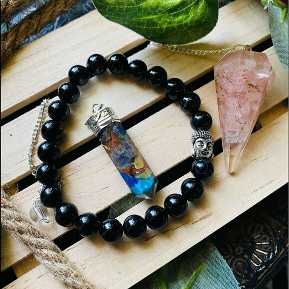 Obsidian Bracelet Orgone Pendulum Pendant Bundle - Picture 1 of 4